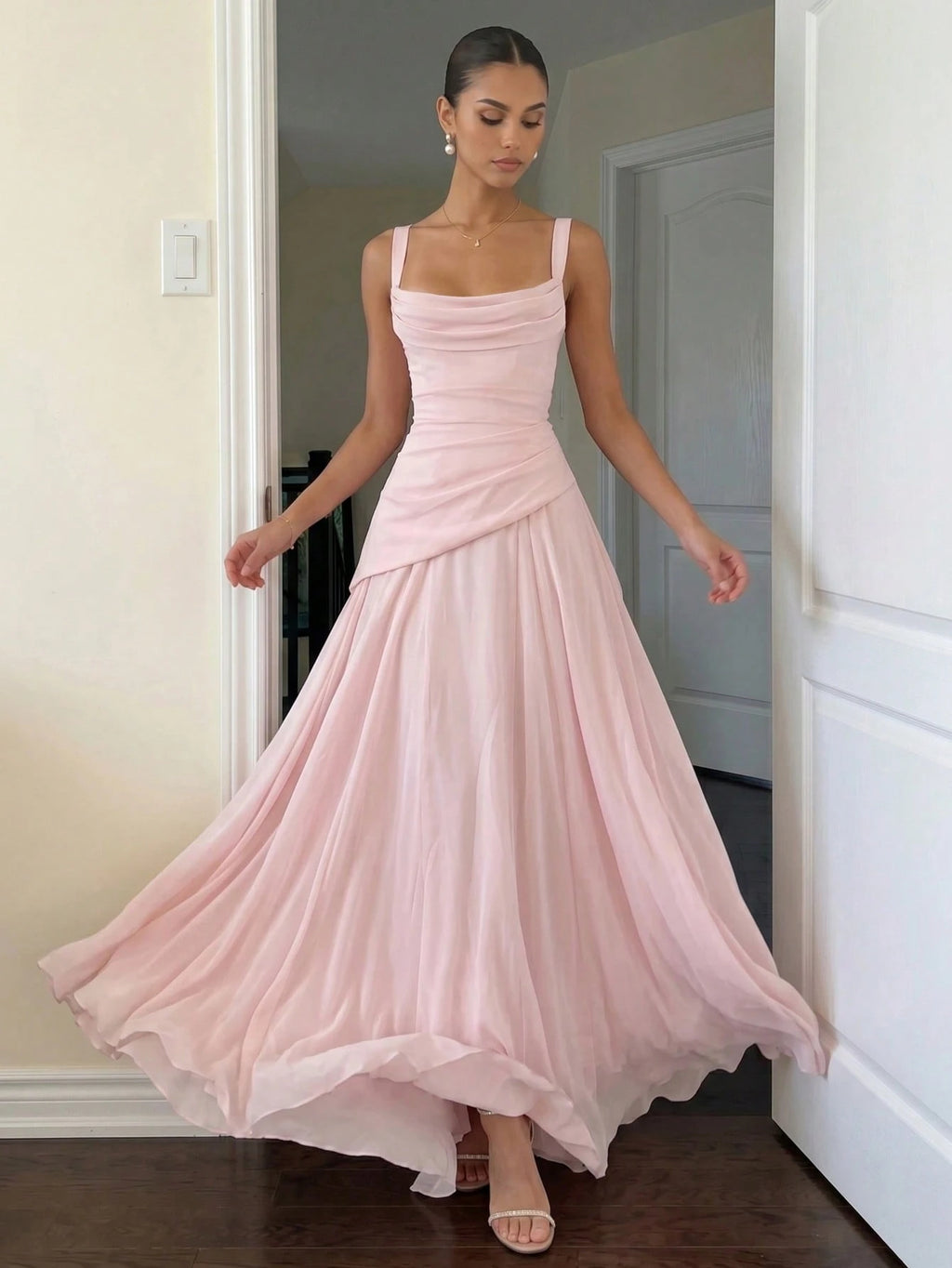 Romantic Women's Light Blue Square Neck Bridesmaid Dress With Asymmetrical Hem And Crisscross Back, - image 3