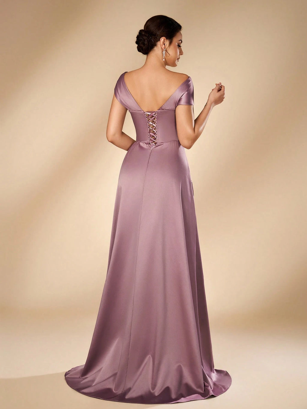 Serin Elegant Purple Satin Off-Shoulder Sequin Applique Ruffled Straight Hem Bridal Mother Dress Side Draped - image 5