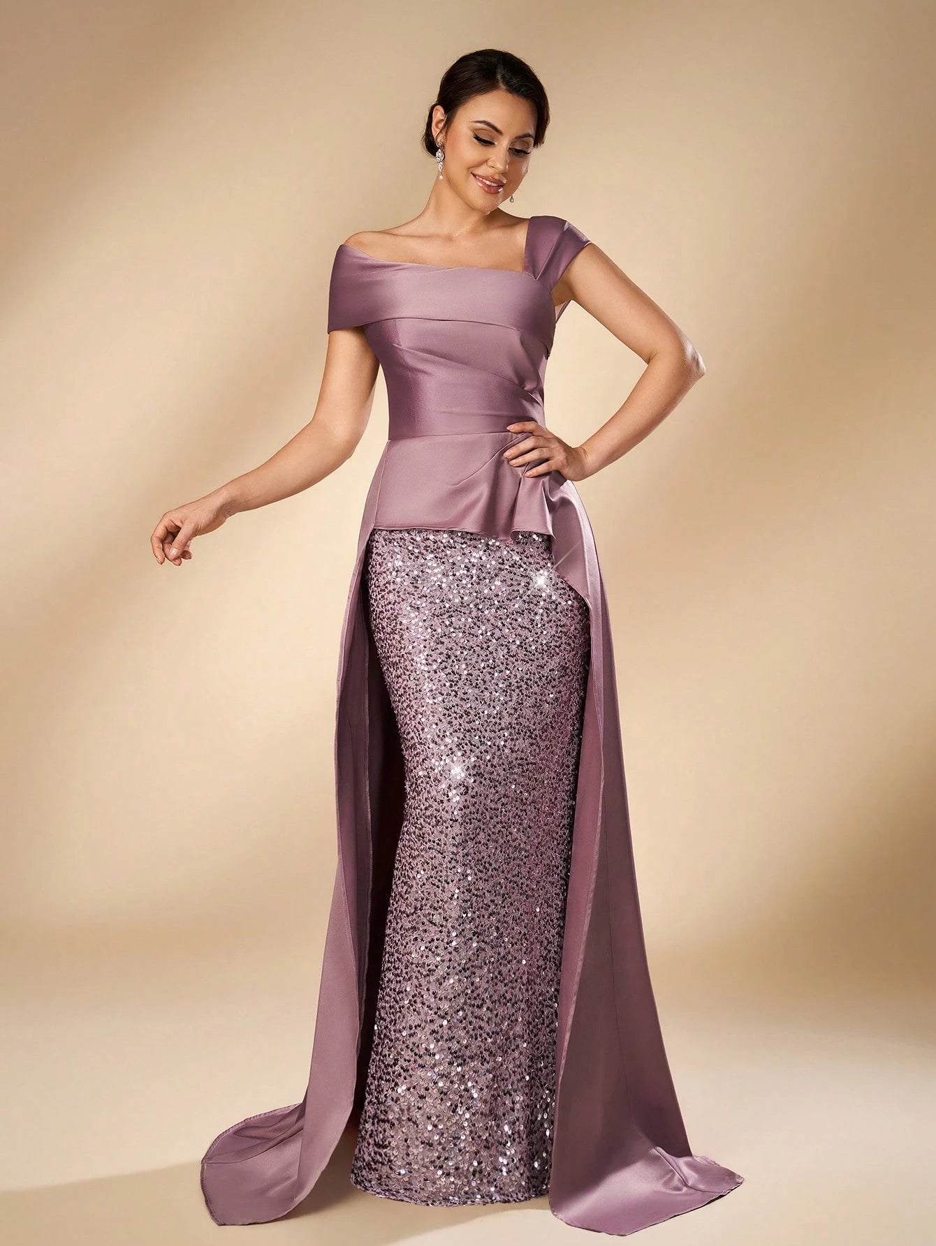Serin Elegant Purple Satin Off-Shoulder Sequin Applique Ruffled Straight Hem Bridal Mother Dress Side Draped - image 4
