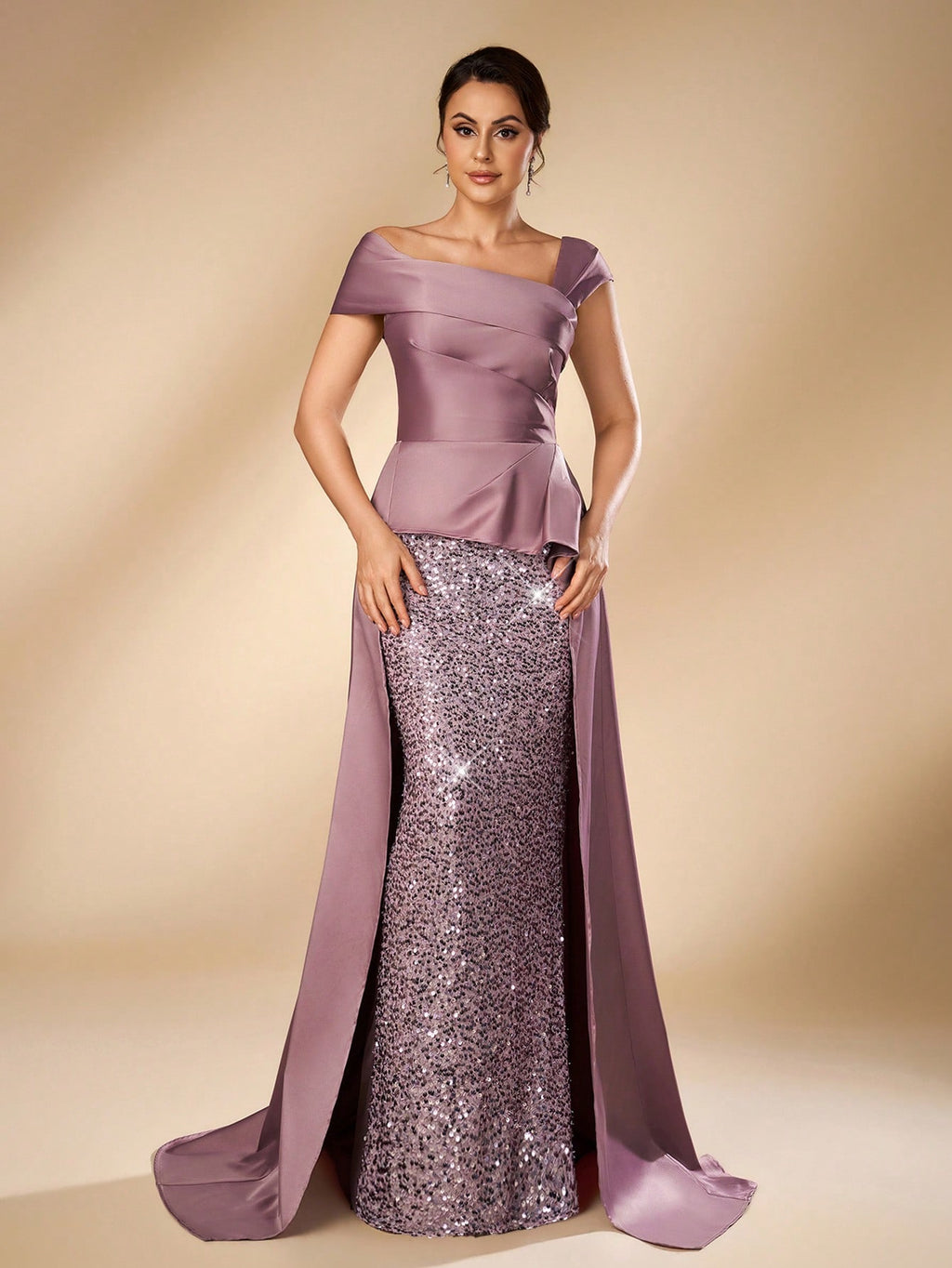 Serin Elegant Purple Satin Off-Shoulder Sequin Applique Ruffled Straight Hem Bridal Mother Dress Side Draped - image 6