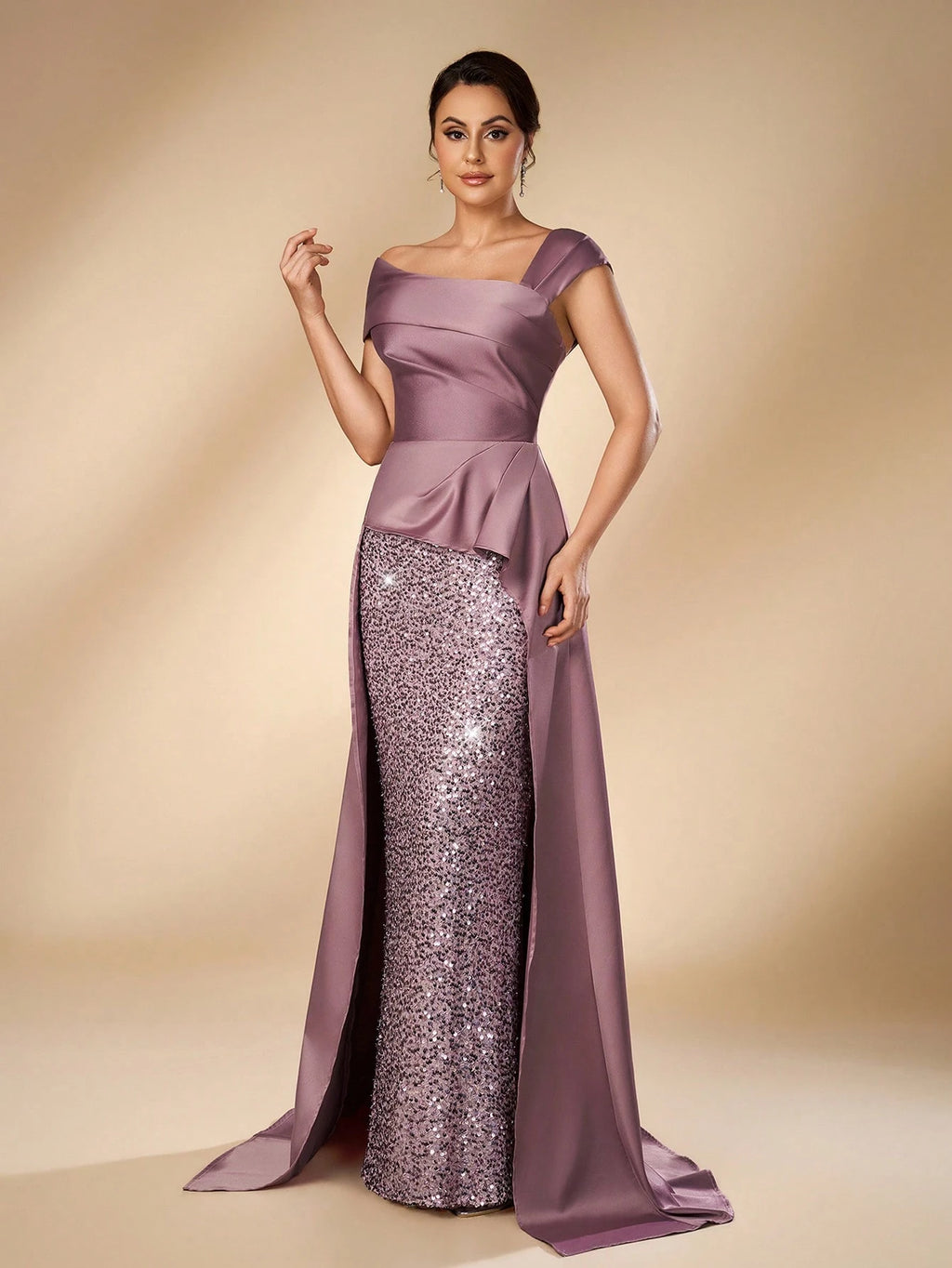 Serin Elegant Purple Satin Off-Shoulder Sequin Applique Ruffled Straight Hem Bridal Mother Dress Side Draped - image 7