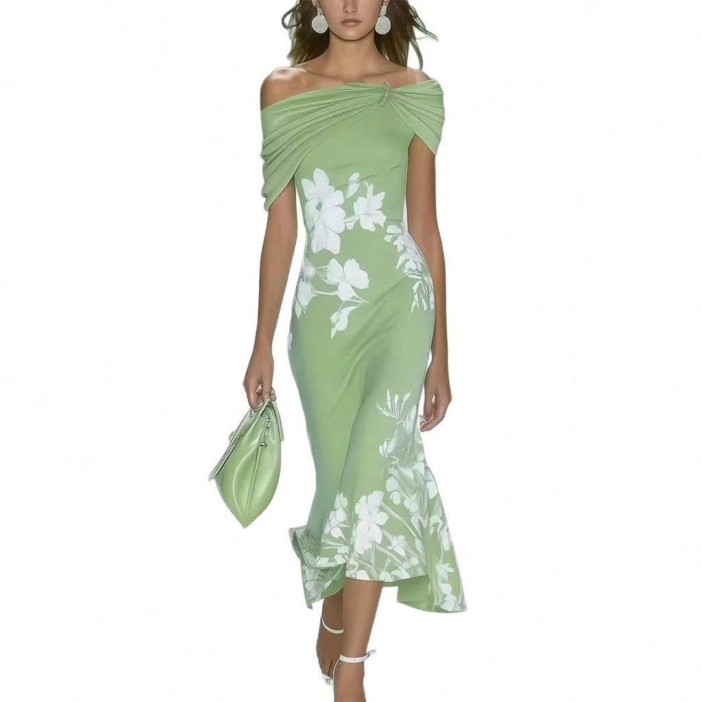 Twist Draped Off-Shoulder Floral Print Midi Dress, Elegant Bodycon