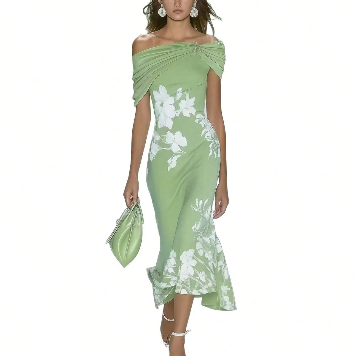 Twist Draped Off-Shoulder Floral Print Midi Dress, Elegant Bodycon