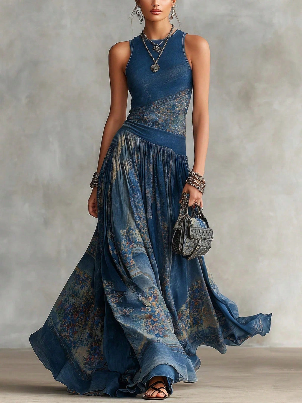Elegant Round Neck Sleeveless Printed Maxi Dress, Flowy Pleated Waist