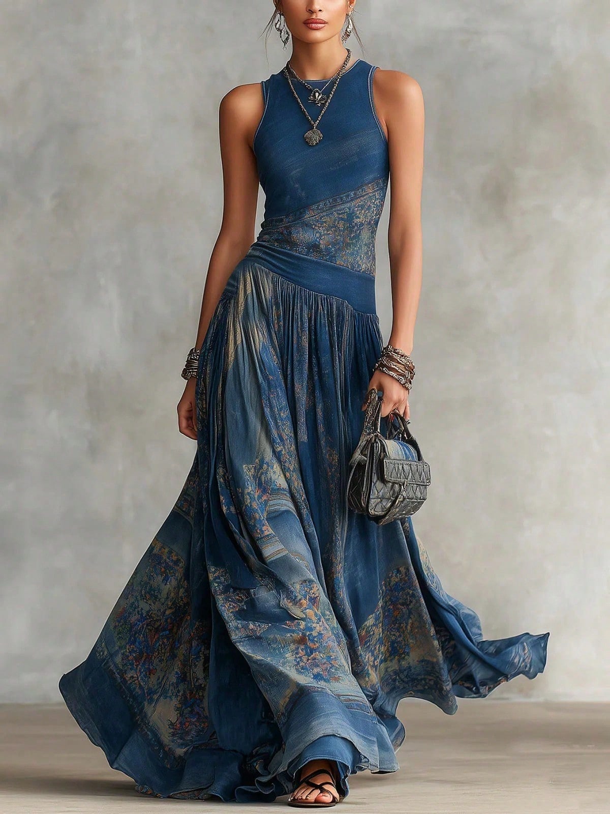 Elegant Round Neck Sleeveless Printed Maxi Dress, Flowy Pleated Waist
