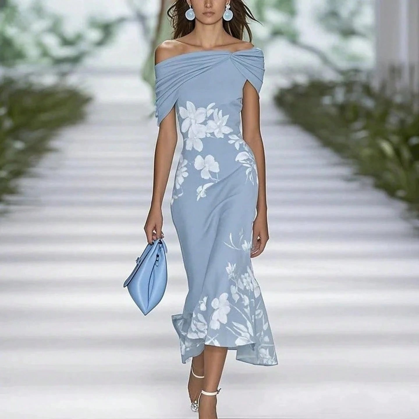 Twist Draped Off-Shoulder Floral Print Midi Dress, Elegant Bodycon