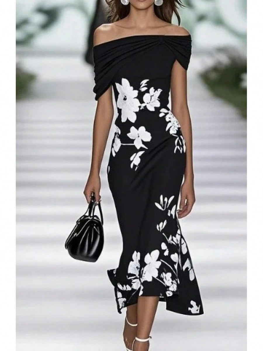 Twist Draped Off-Shoulder Floral Print Midi Dress, Elegant Bodycon