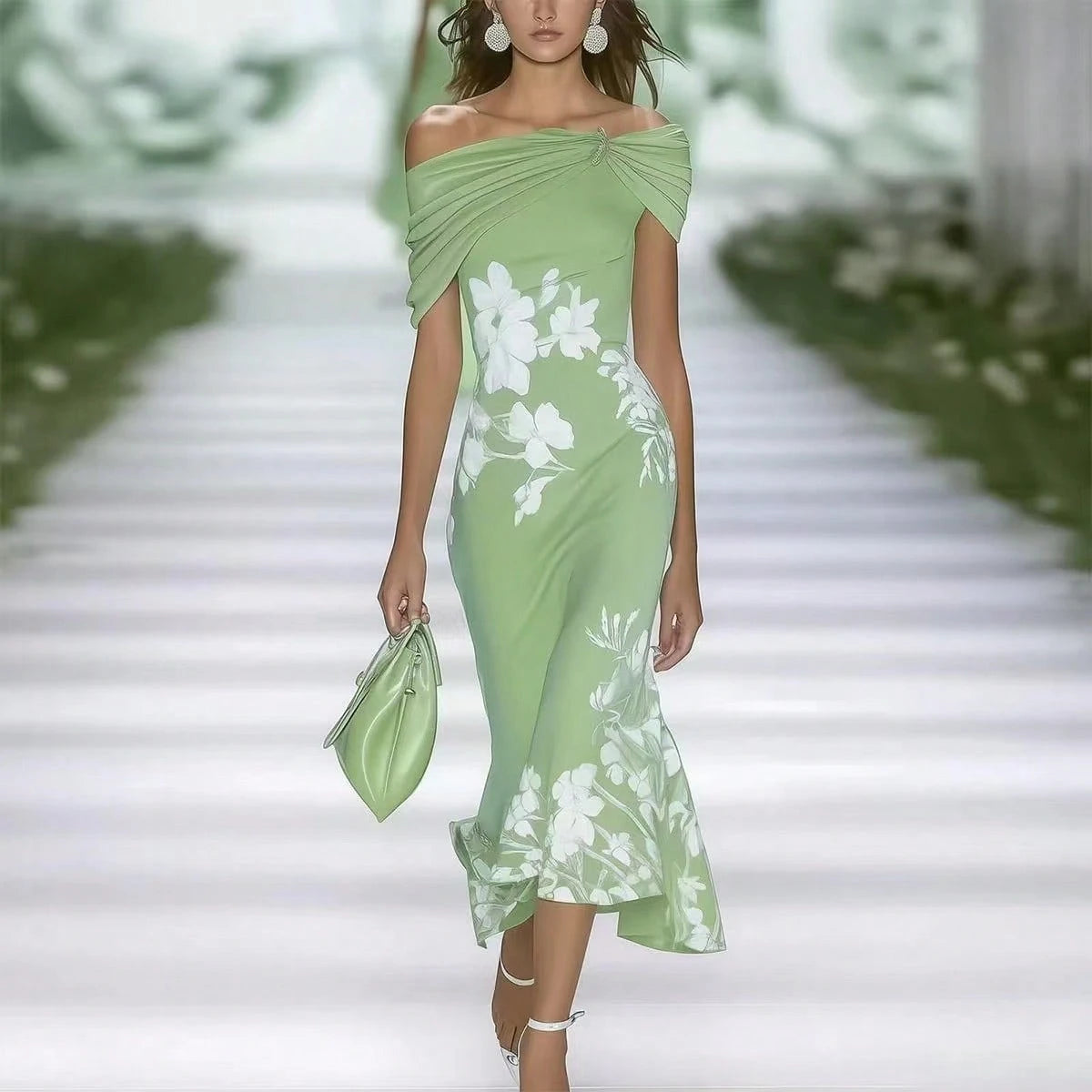 Twist Draped Off-Shoulder Floral Print Midi Dress, Elegant Bodycon