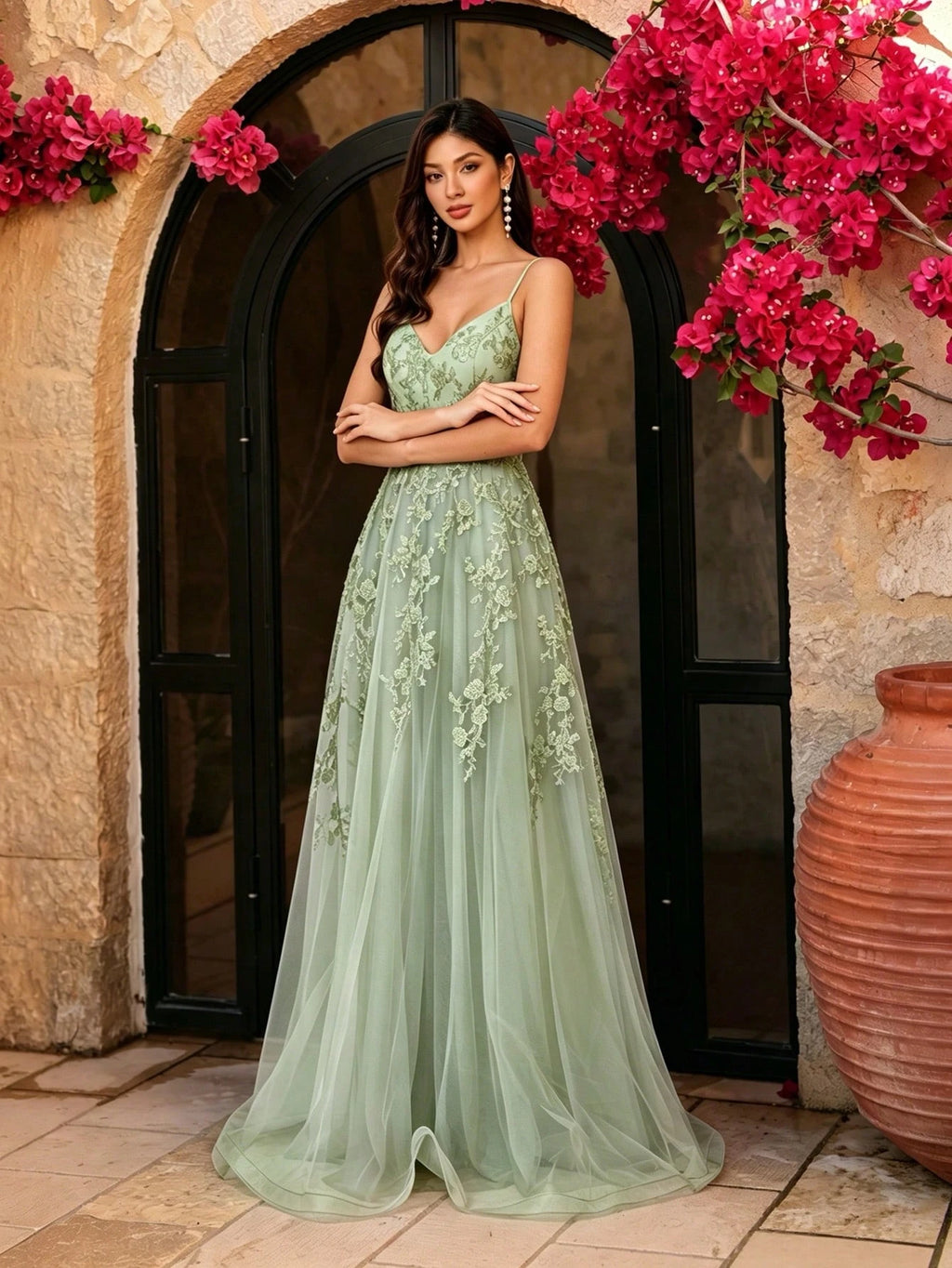 Mgiacy Women's White Elegant Floral Lace Spaghetti Strap V-Neck A-Line Tulle Maxi Dress, Suitable For Summer - image 13