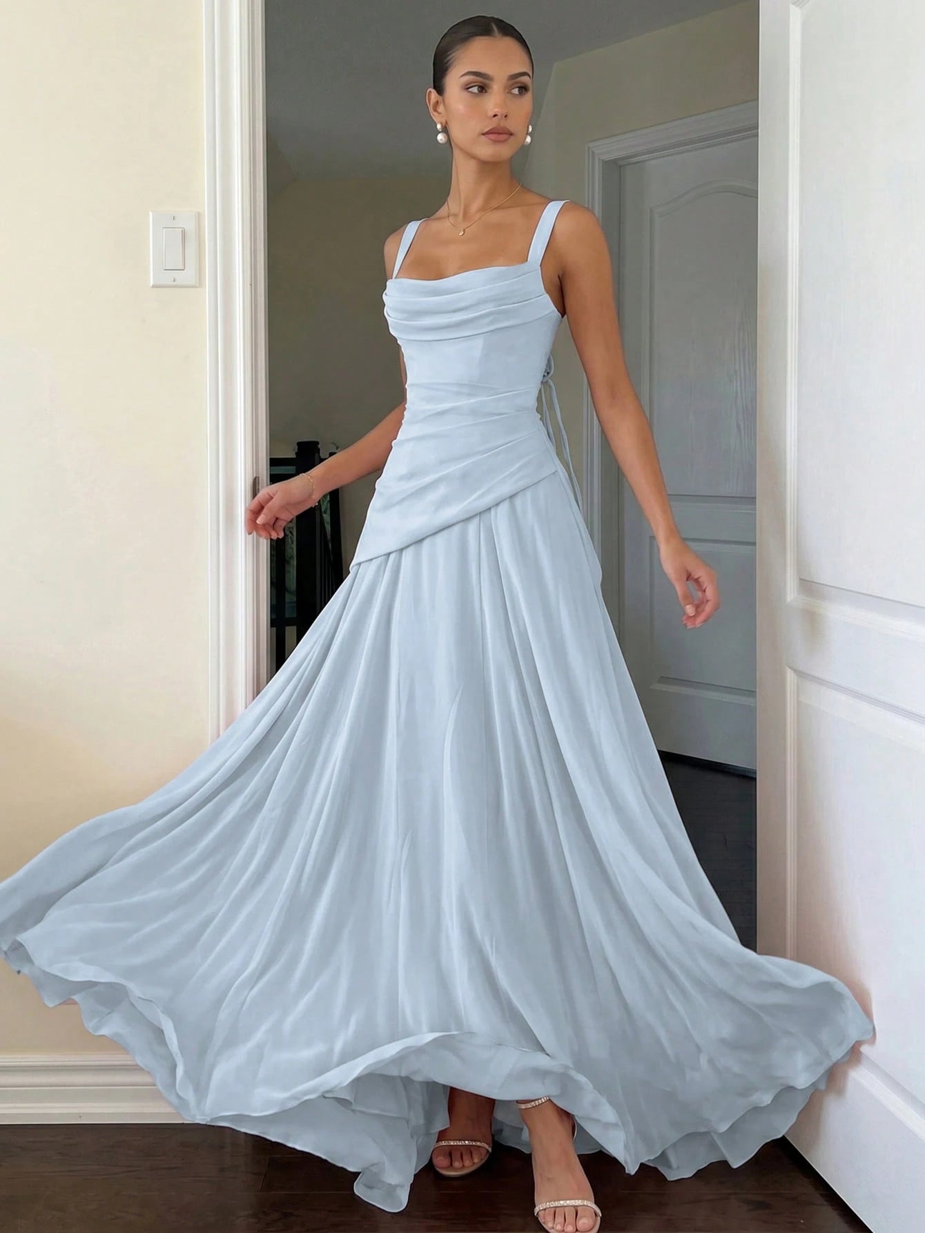 Romantic Women's Light Blue Square Neck Bridesmaid Dress With