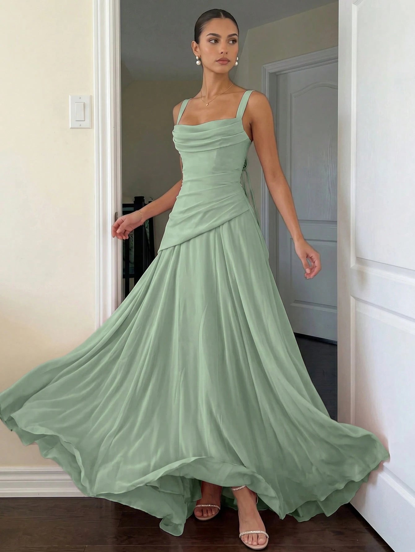 Romantic Women's Light Blue Square Neck Bridesmaid Dress With Asymmetrical Hem And Crisscross Back, - image 10