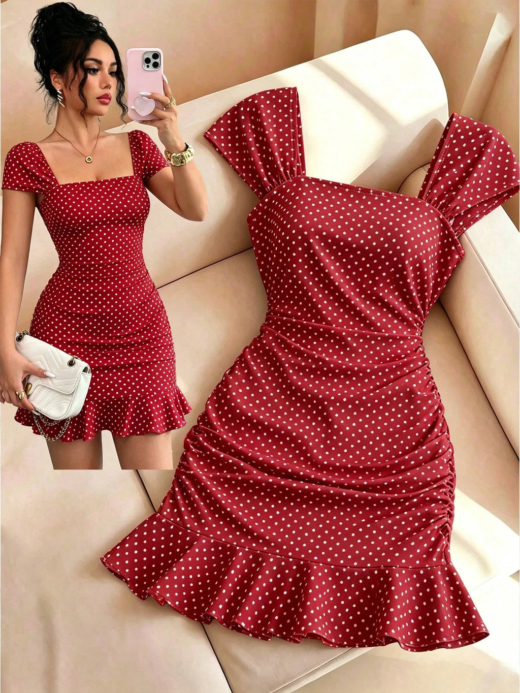 LUNE New Women's Square Neck Polka Dot Print Ruched Waist Ruffle Hem