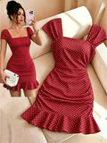 LUNE New Women's Square Neck Polka Dot Print Ruched Waist Ruffle Hem