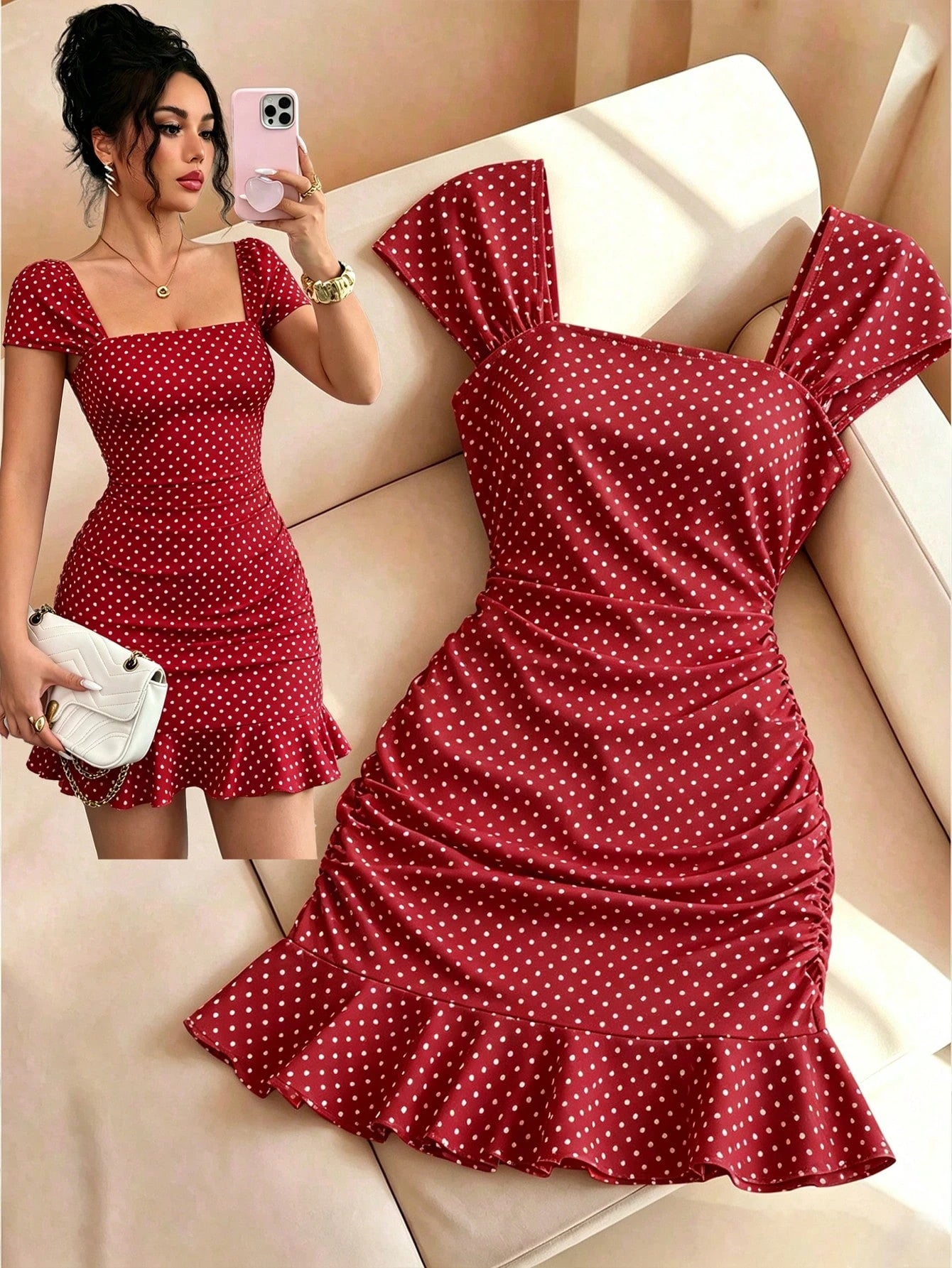 LUNE New Women's Square Neck Polka Dot Print Ruched Waist Ruffle Hem