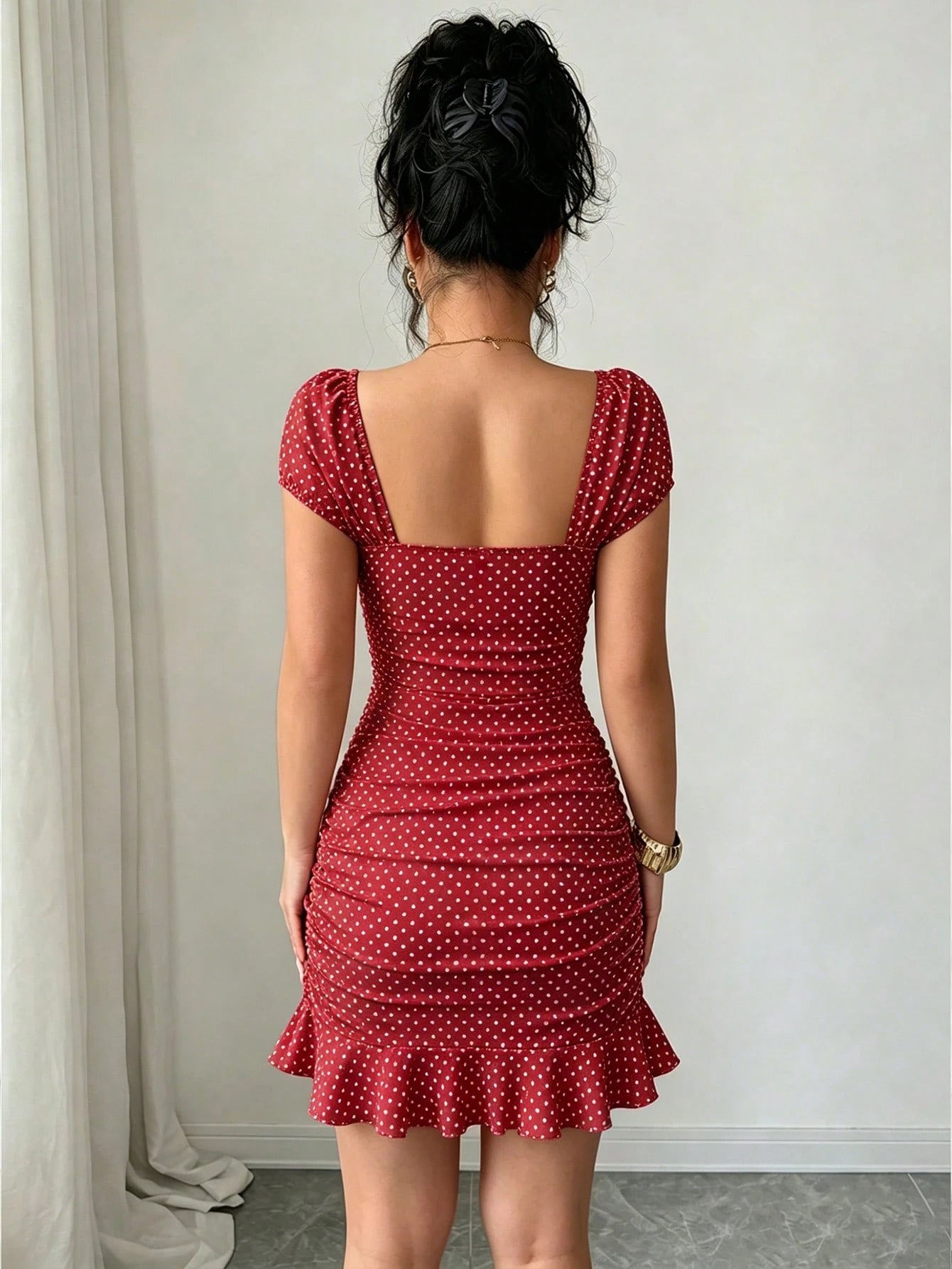 LUNE New Women's Square Neck Polka Dot Print Ruched Waist Ruffle Hem