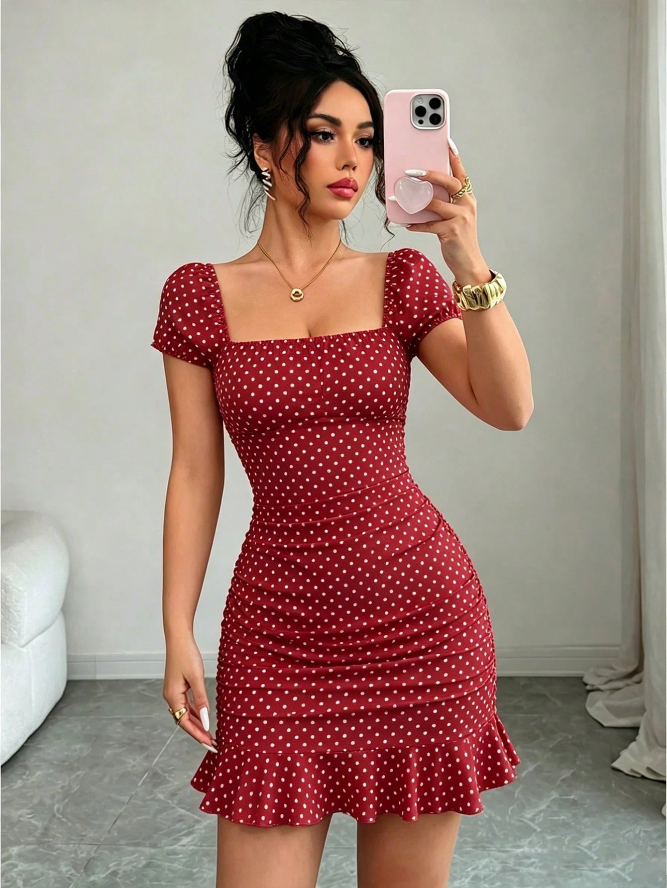 LUNE New Women's Square Neck Polka Dot Print Ruched Waist Ruffle Hem Dress, Suitable For Dating And Vacation - image 3
