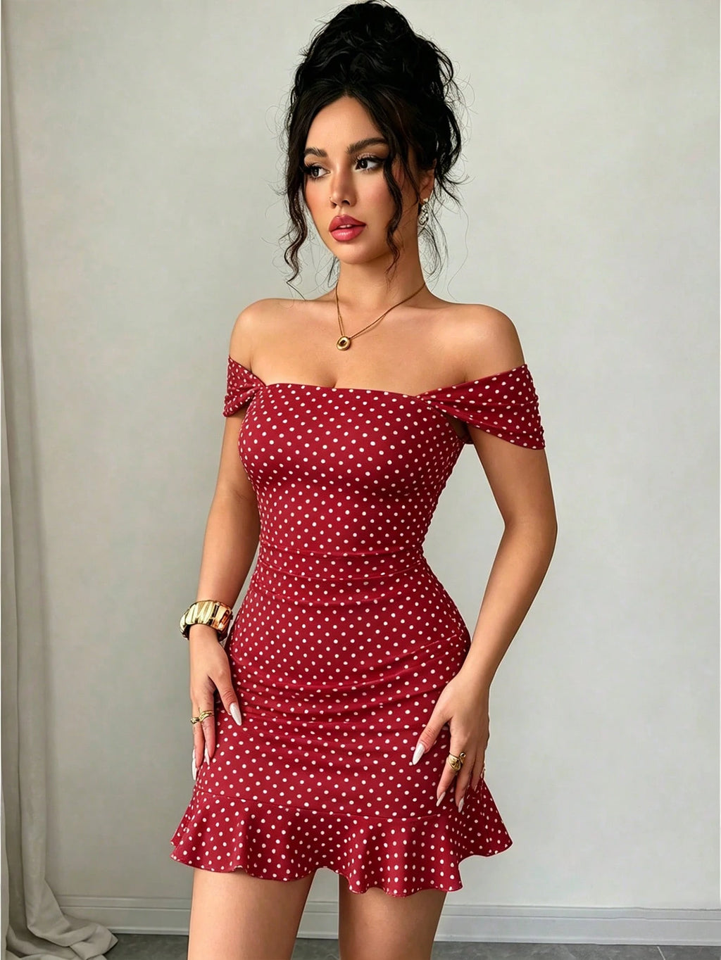 LUNE New Women's Square Neck Polka Dot Print Ruched Waist Ruffle Hem