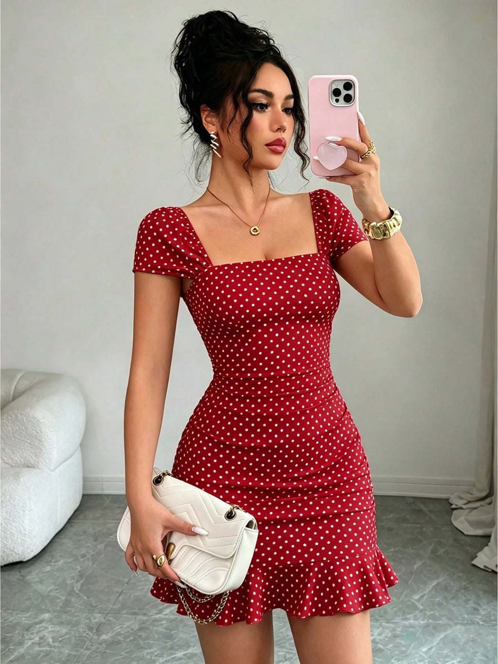 LUNE New Women's Square Neck Polka Dot Print Ruched Waist Ruffle Hem