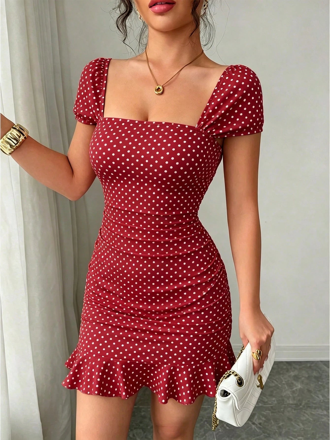 LUNE New Women's Square Neck Polka Dot Print Ruched Waist Ruffle Hem