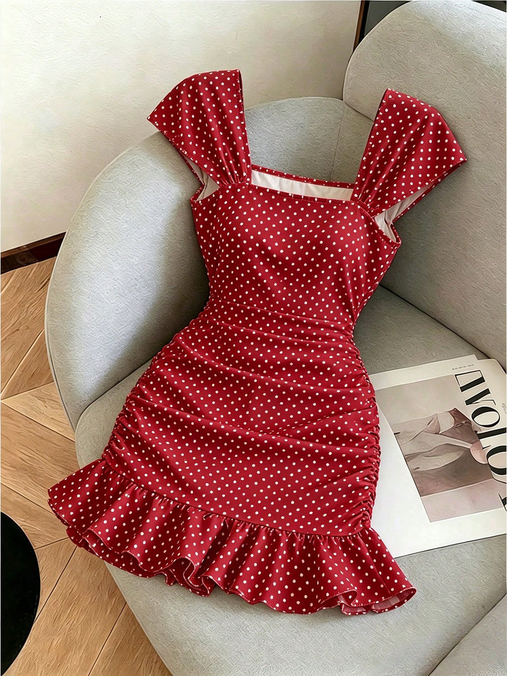 LUNE New Women's Square Neck Polka Dot Print Ruched Waist Ruffle Hem