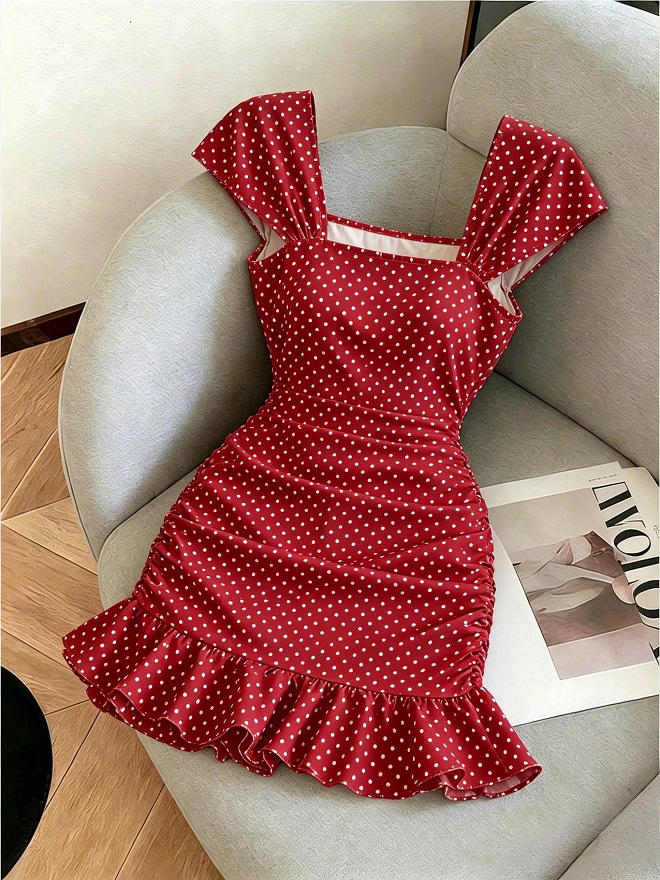 LUNE New Women's Square Neck Polka Dot Print Ruched Waist Ruffle Hem