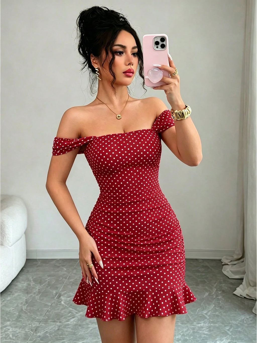 LUNE New Women's Square Neck Polka Dot Print Ruched Waist Ruffle Hem