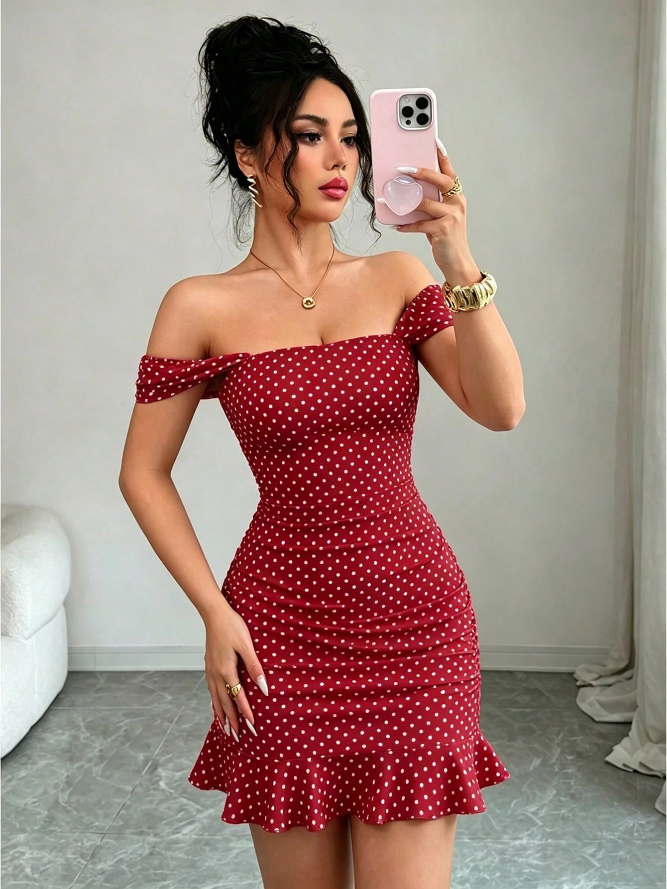 LUNE New Women's Square Neck Polka Dot Print Ruched Waist Ruffle Hem