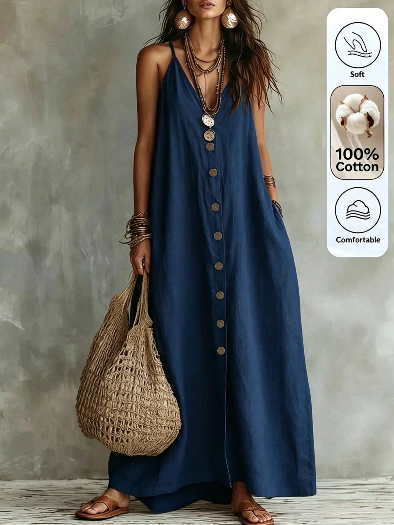 Omancia Women's Casual Boho Solid Color Dress For Summer Holiday