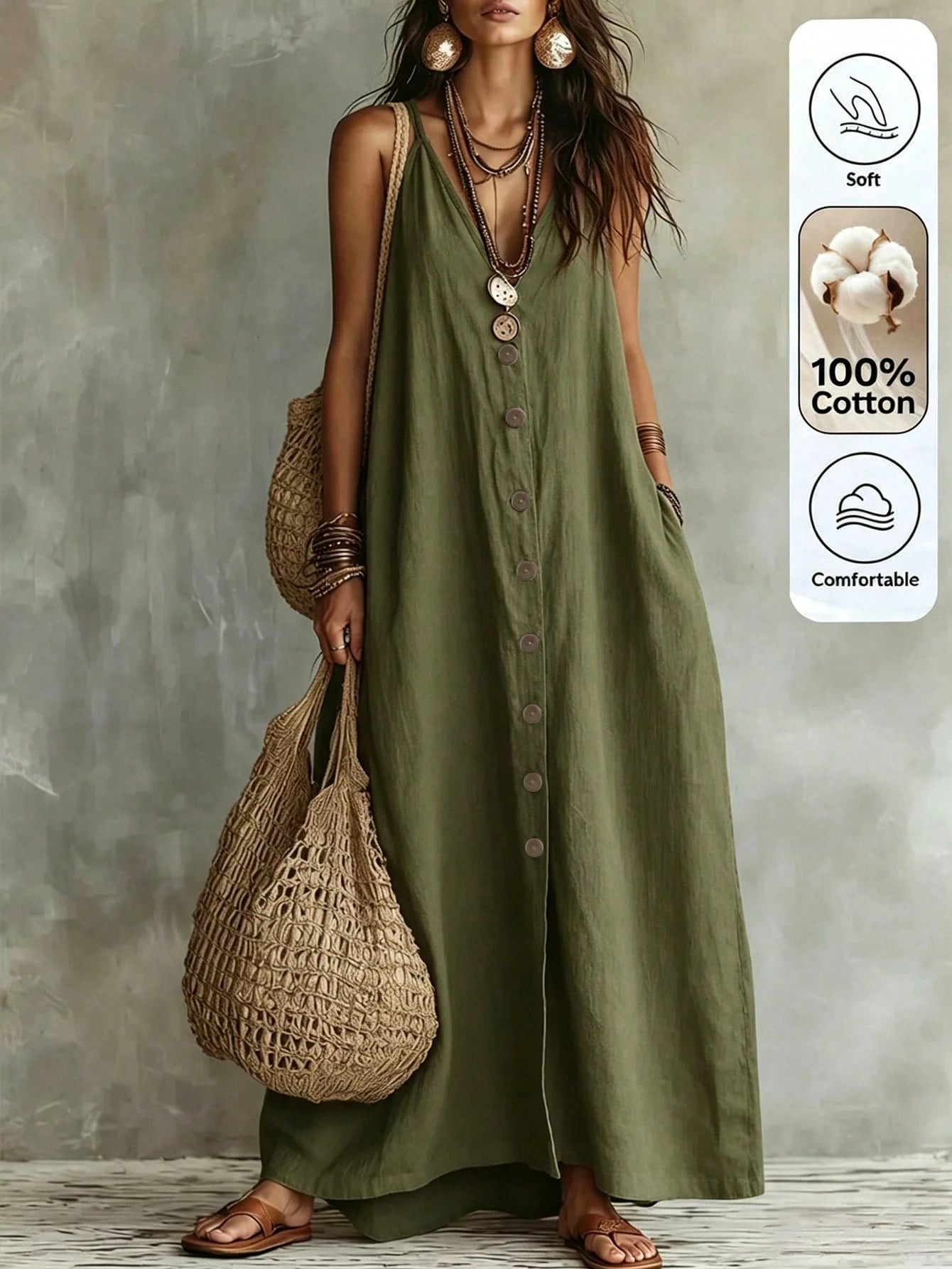 Omancia Women's Casual Boho Solid Color Dress For Summer Holiday Beach Beach Vacation Vacation Beige - image 11