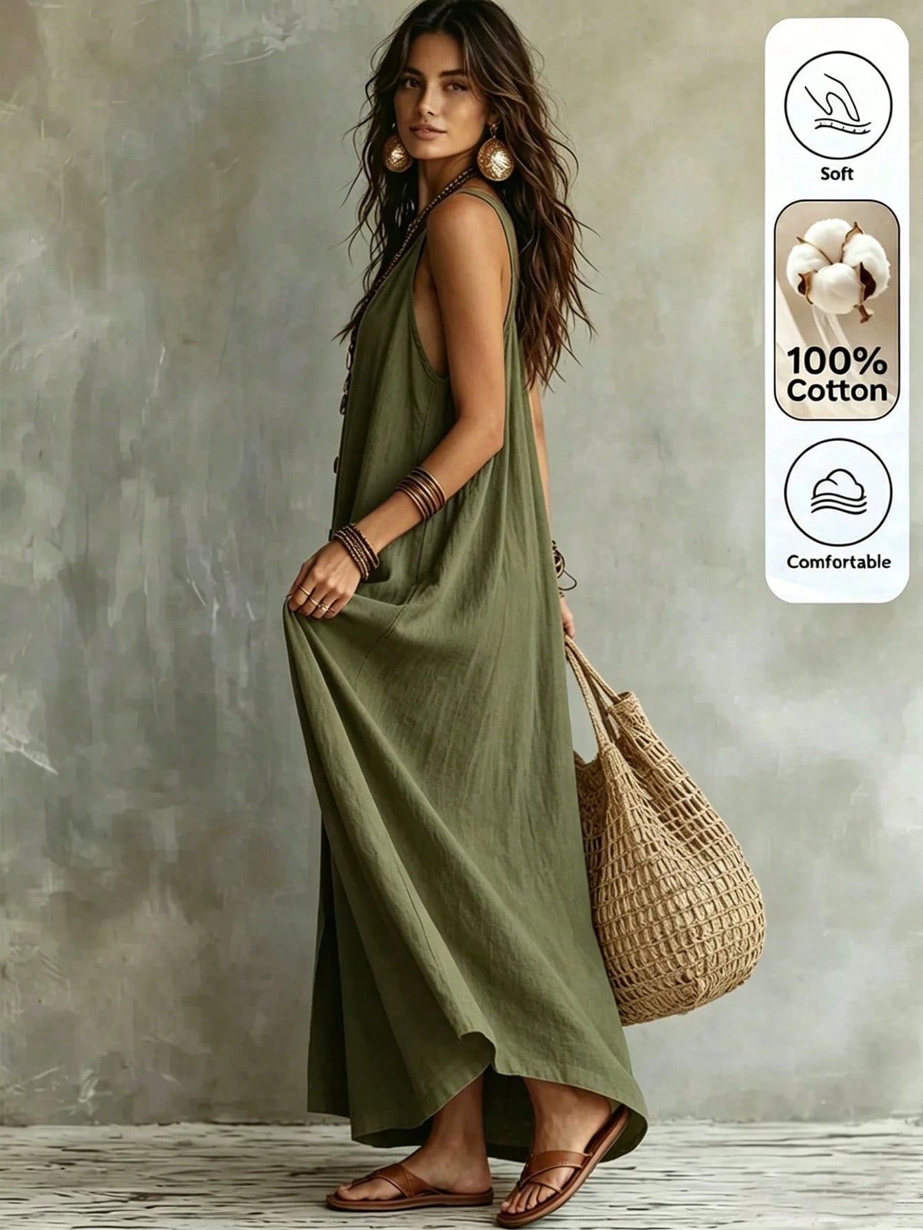 Omancia Women's Casual Boho Solid Color Dress For Summer Holiday