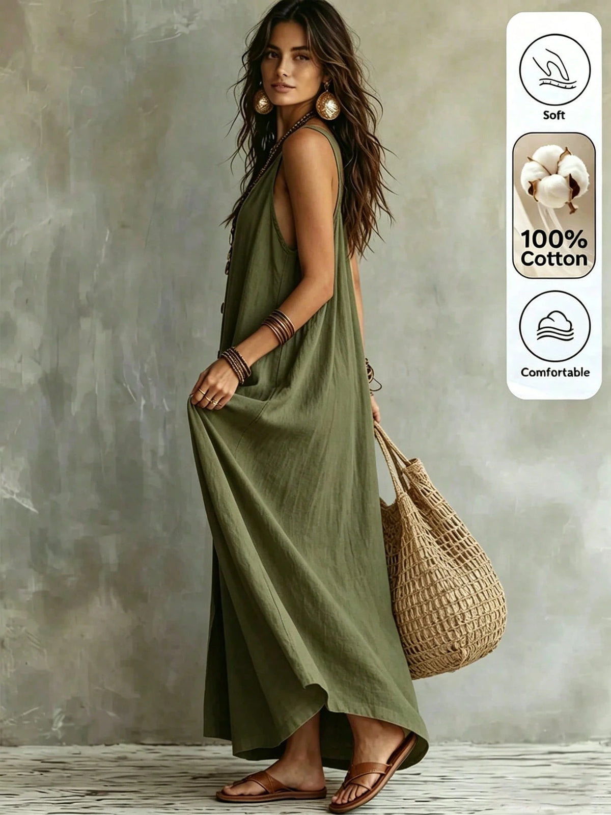Omancia Women's Casual Boho Solid Color Dress For Summer Holiday Beach Beach Vacation Vacation Beige - image 12