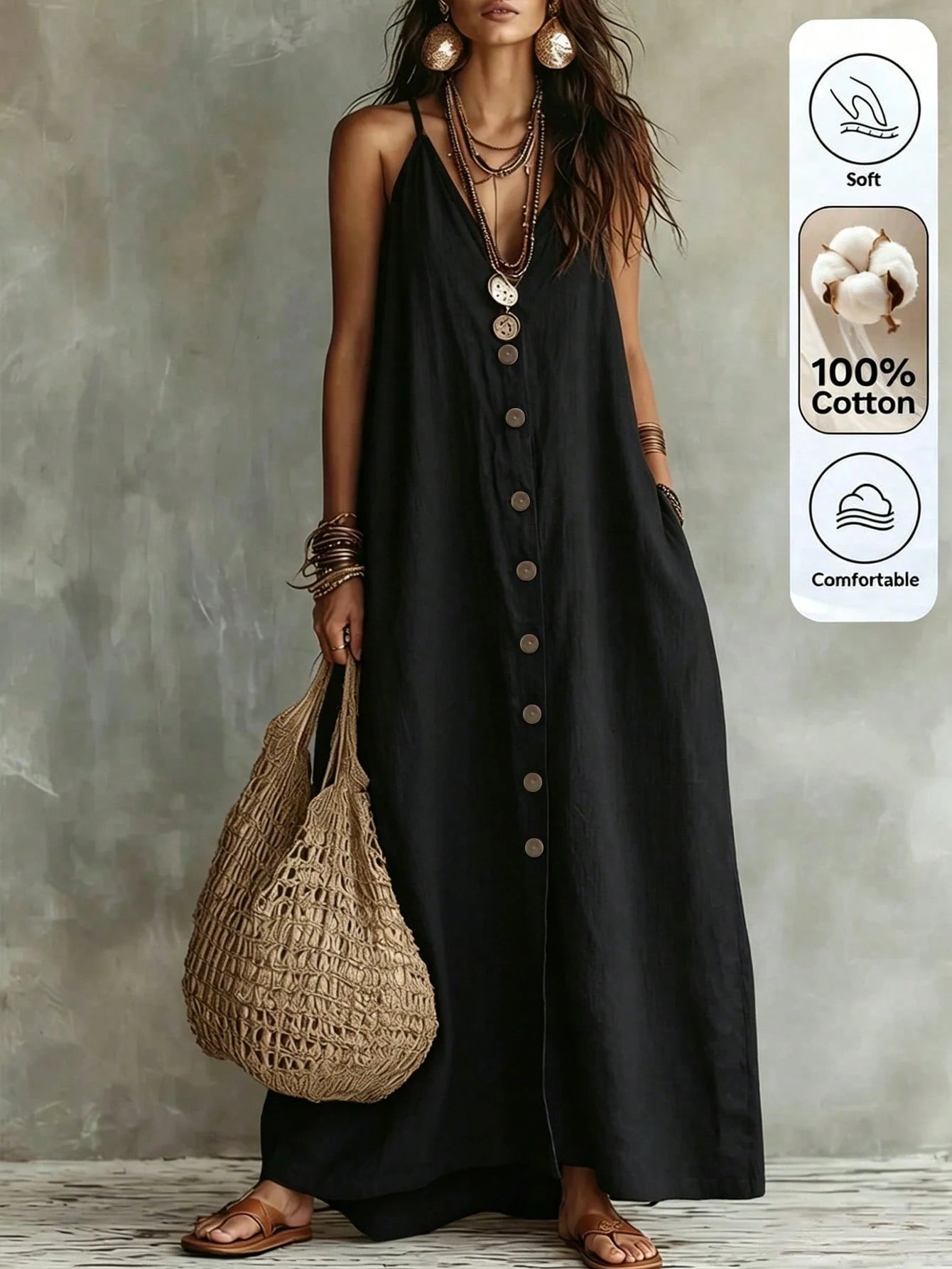Omancia Women's Casual Boho Solid Color Dress For Summer Holiday