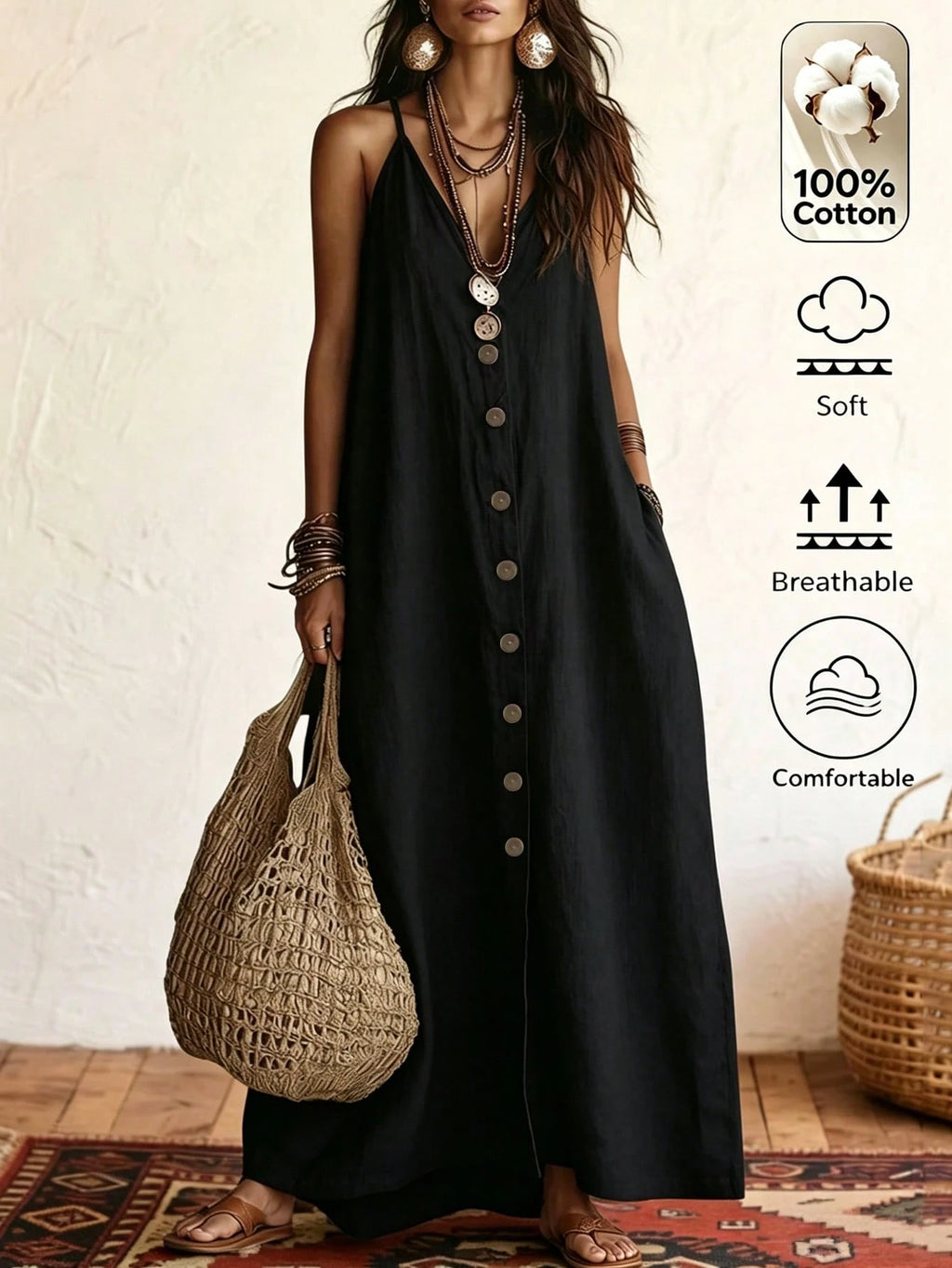 Omancia Women's Casual Boho Solid Color Dress For Summer Holiday