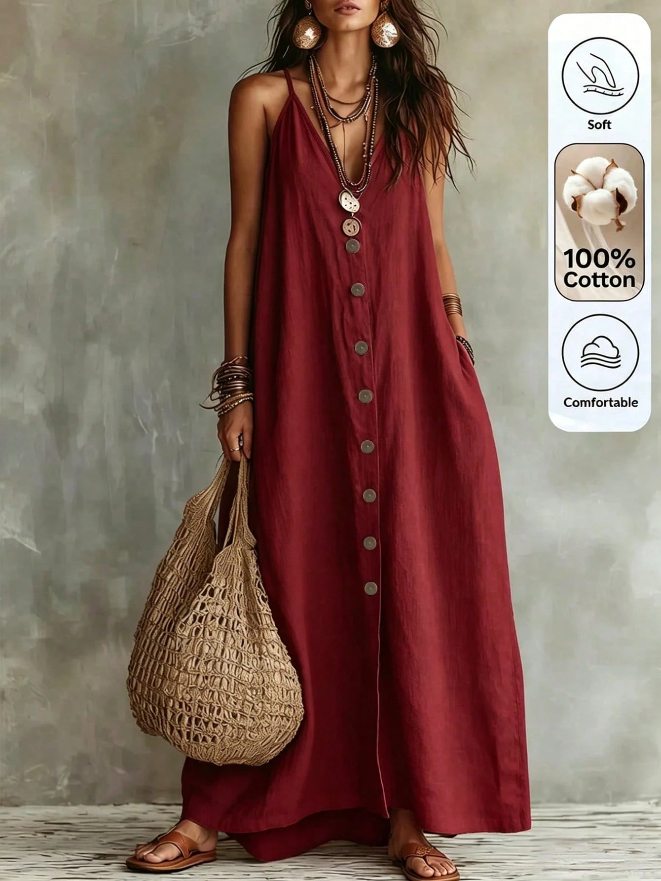 Omancia Women's Casual Boho Solid Color Dress For Summer Holiday