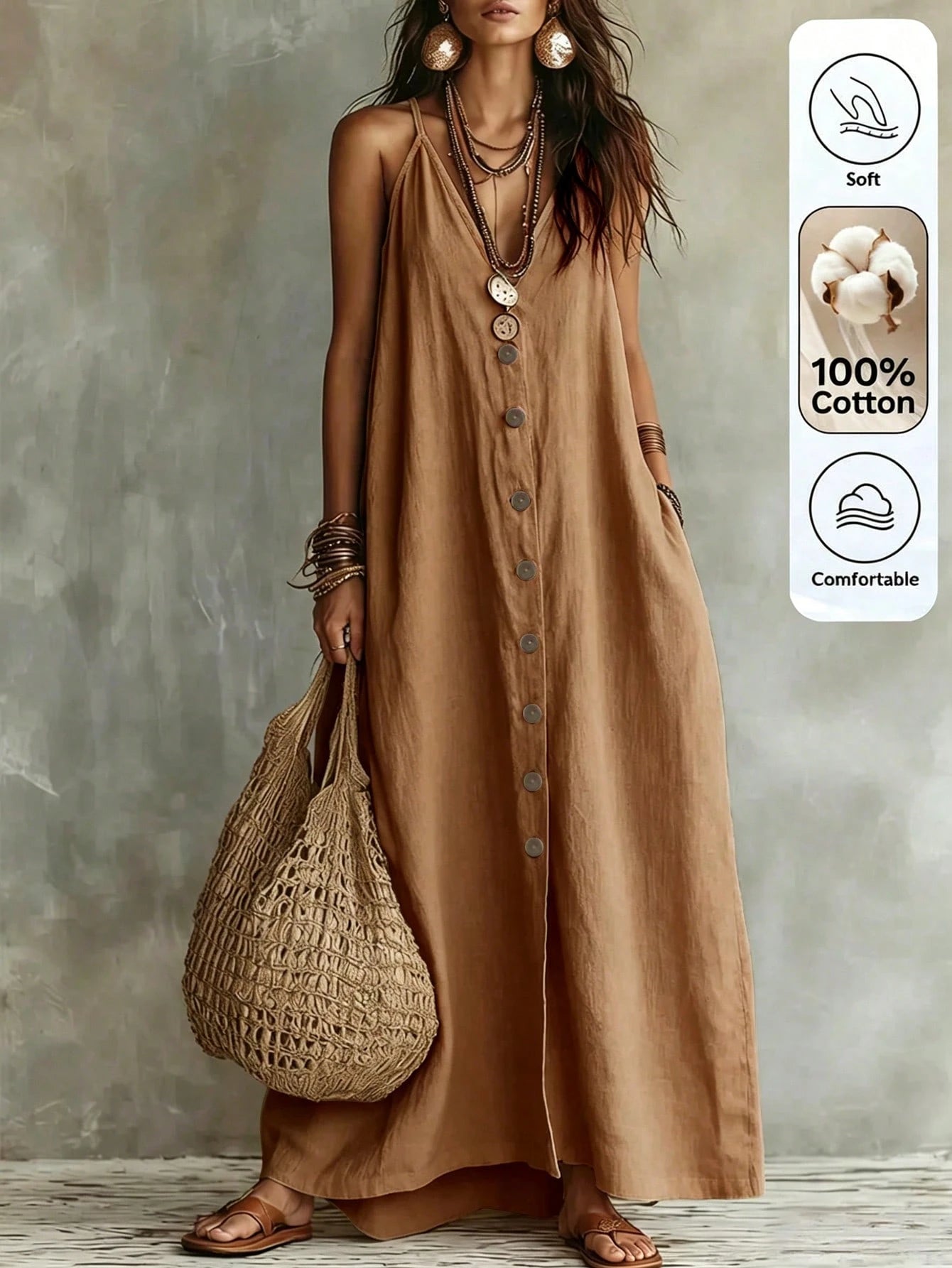 Omancia Women's Casual Boho Solid Color Dress For Summer Holiday