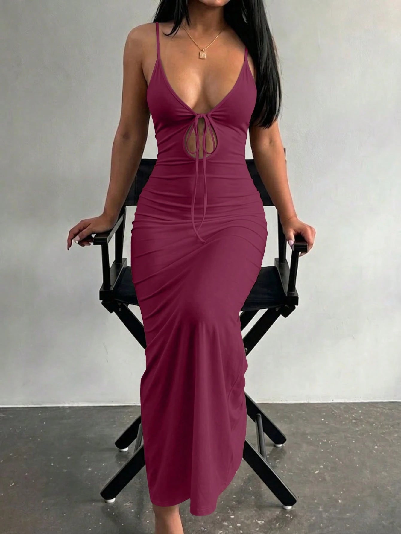 LovelyWholesale Women's Sexy Deep V-Neck Hollow Lace-Up Fitted Long Dress, Summer Elegant Brown - image 16