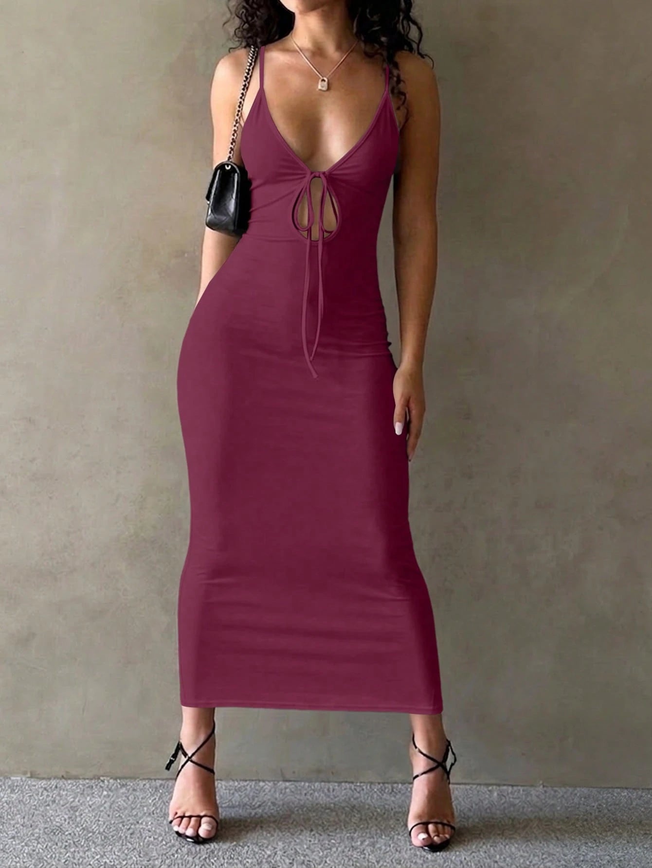LovelyWholesale Women's Sexy Deep V-Neck Hollow Lace-Up Fitted Long Dress, Summer Elegant Brown - image 17