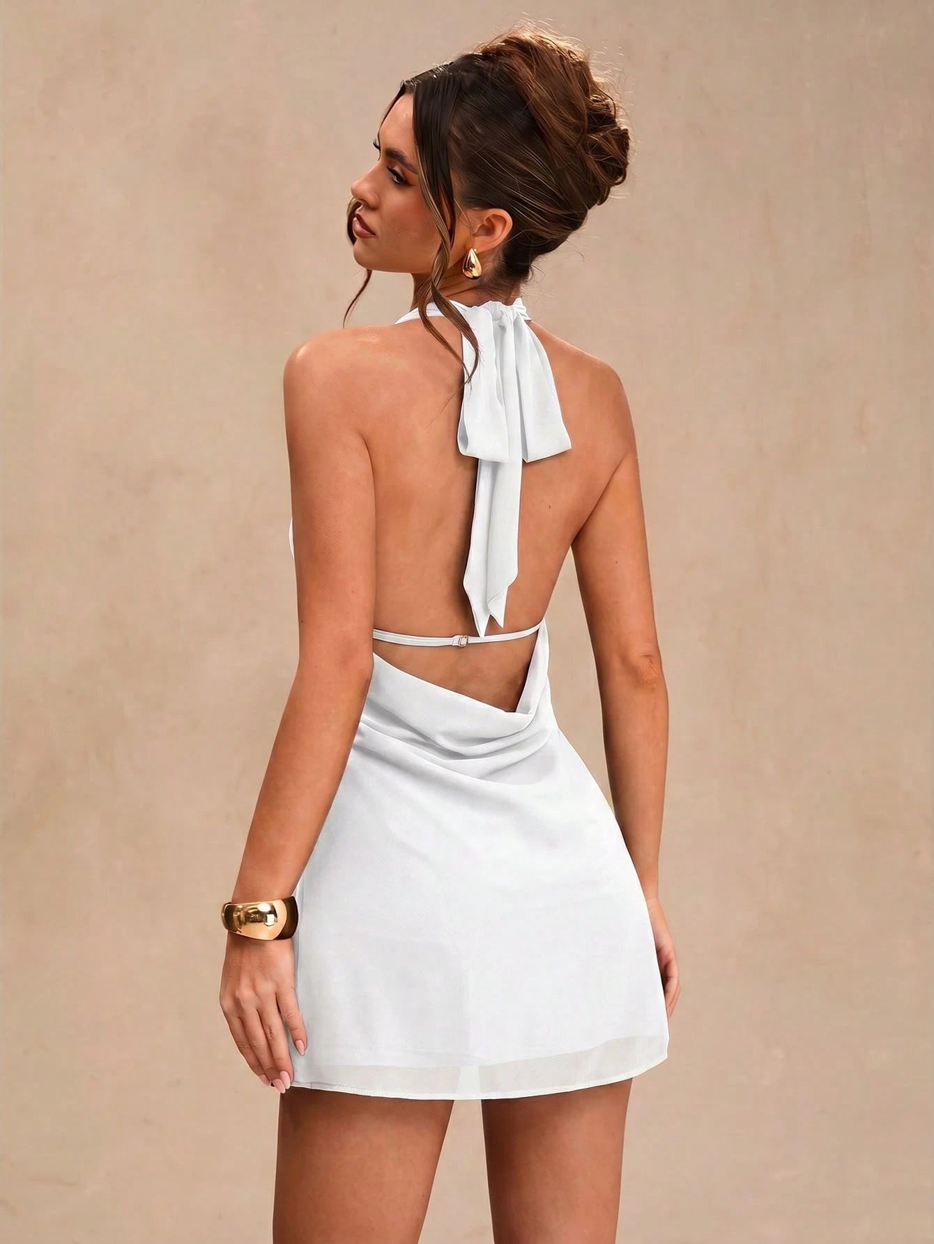 BAE Black Deep Draped Neck Halter Backless Sexy Chiffon Mini Dress