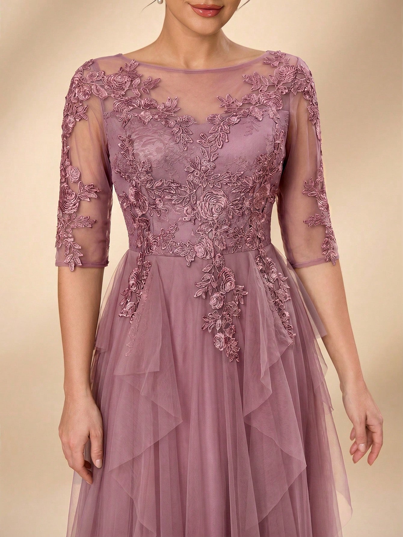 Serin Women's Elegant Sage Green Summer Wedding Dress, Formal Round Neck 3/4 Sleeve Lace Mesh Asymmetric - image 8
