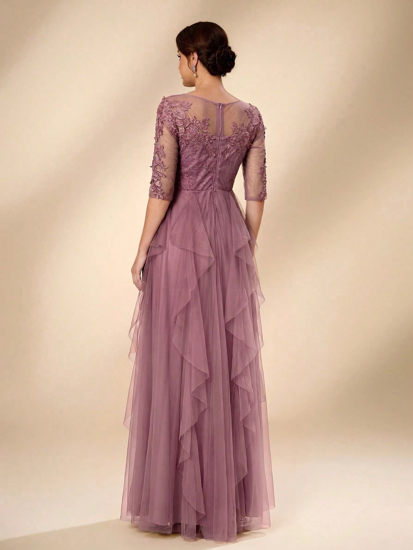 Serin Women's Elegant Sage Green Summer Wedding Dress, Formal Round Neck 3/4 Sleeve Lace Mesh Asymmetric - image 9
