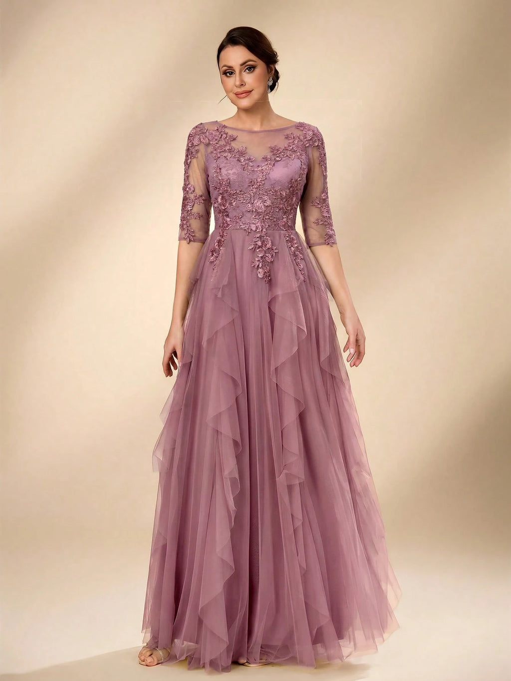 Serin Women's Elegant Sage Green Summer Wedding Dress, Formal Round Neck 3/4 Sleeve Lace Mesh Asymmetric - image 10