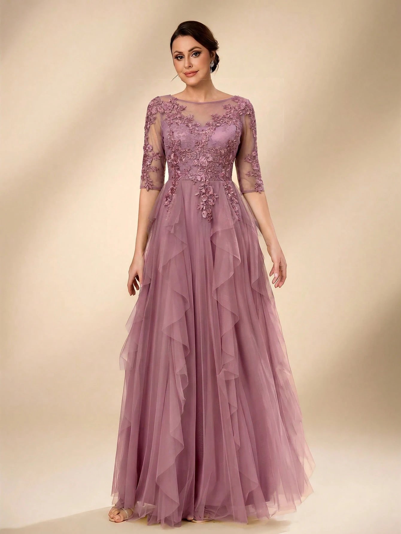Serin Women's Elegant Sage Green Summer Wedding Dress, Formal Round Neck 3/4 Sleeve Lace Mesh Asymmetric - image 10