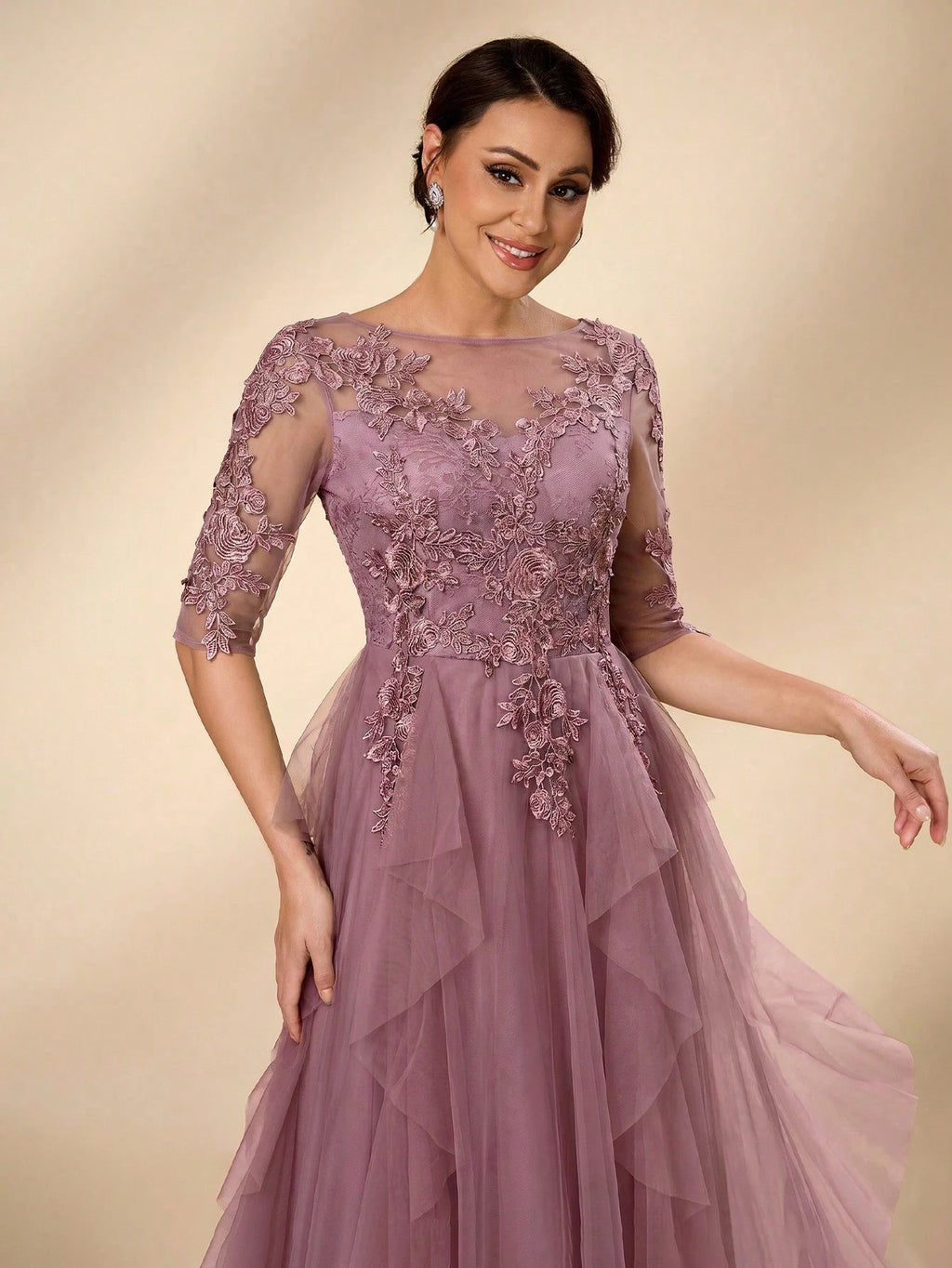 Serin Women's Elegant Sage Green Summer Wedding Dress, Formal Round Neck 3/4 Sleeve Lace Mesh Asymmetric - image 11