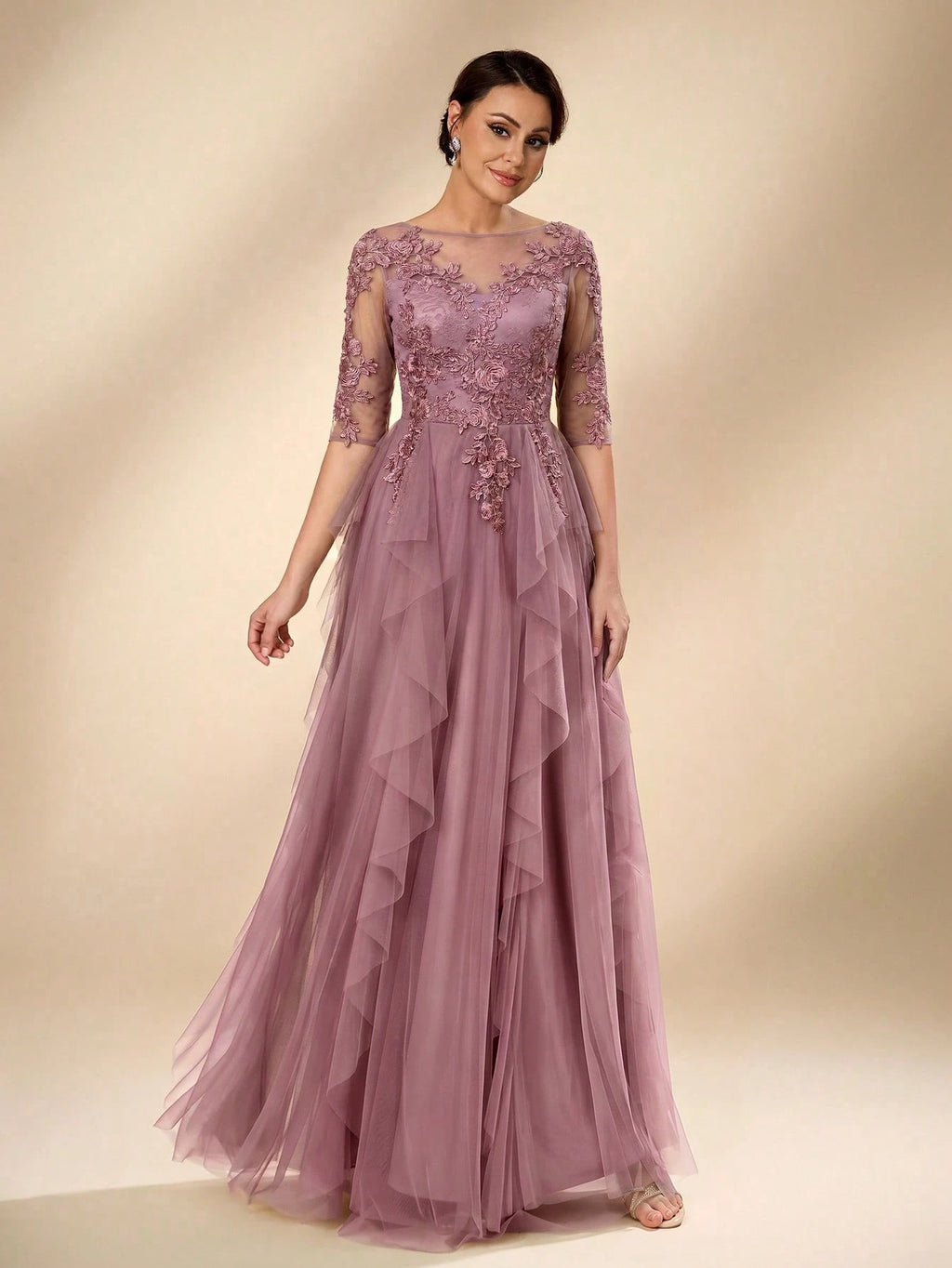 Serin Women's Elegant Sage Green Summer Wedding Dress, Formal Round Neck 3/4 Sleeve Lace Mesh Asymmetric - image 12