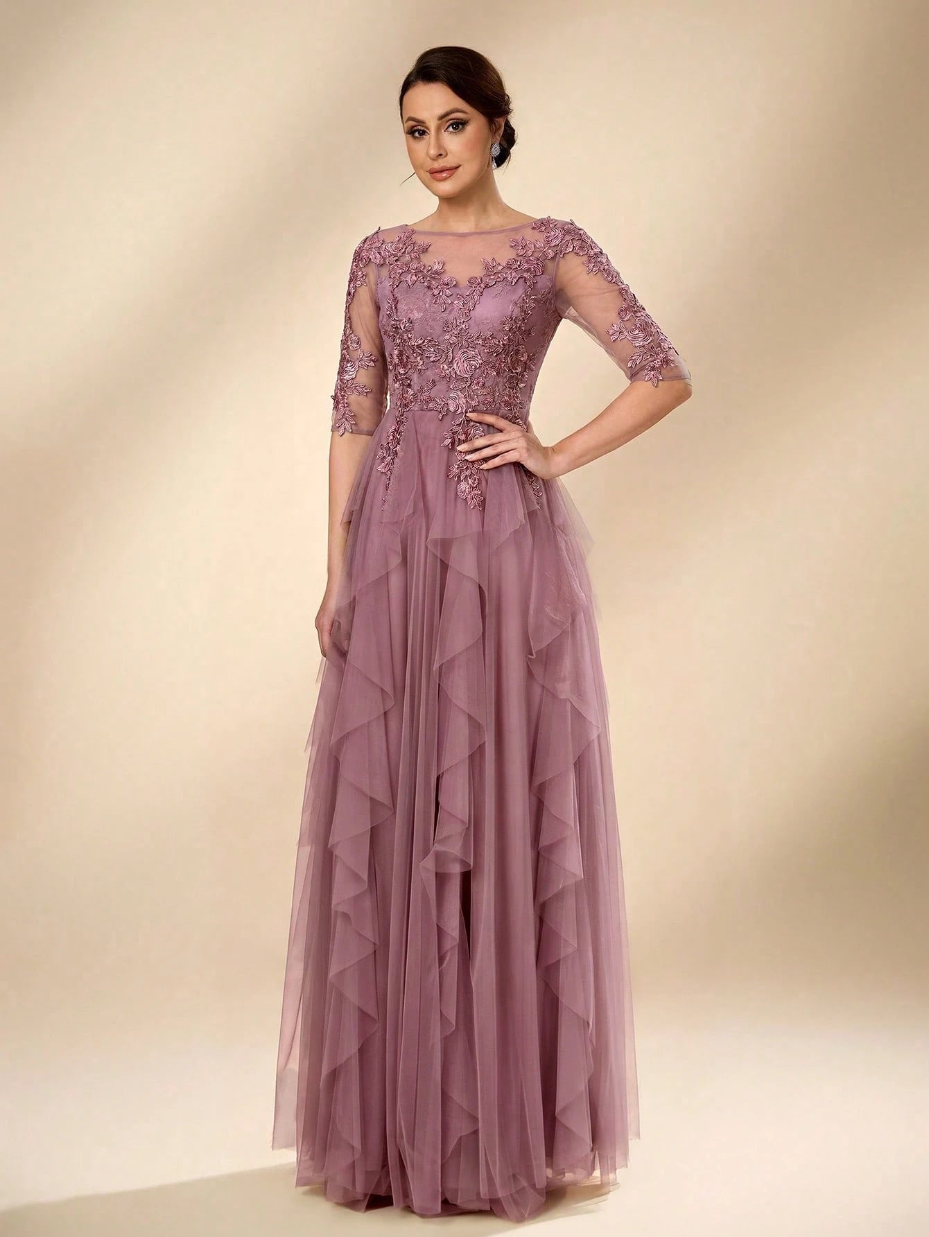 Serin Women's Elegant Sage Green Summer Wedding Dress, Formal Round Neck 3/4 Sleeve Lace Mesh Asymmetric - image 13
