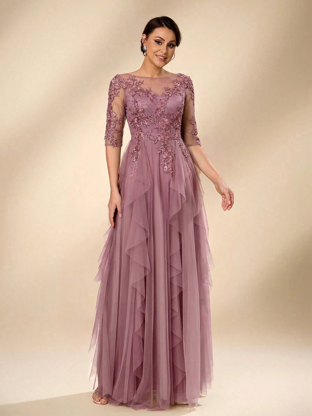 Serin Women's Elegant Sage Green Summer Wedding Dress, Formal Round Neck 3/4 Sleeve Lace Mesh Asymmetric - image 14