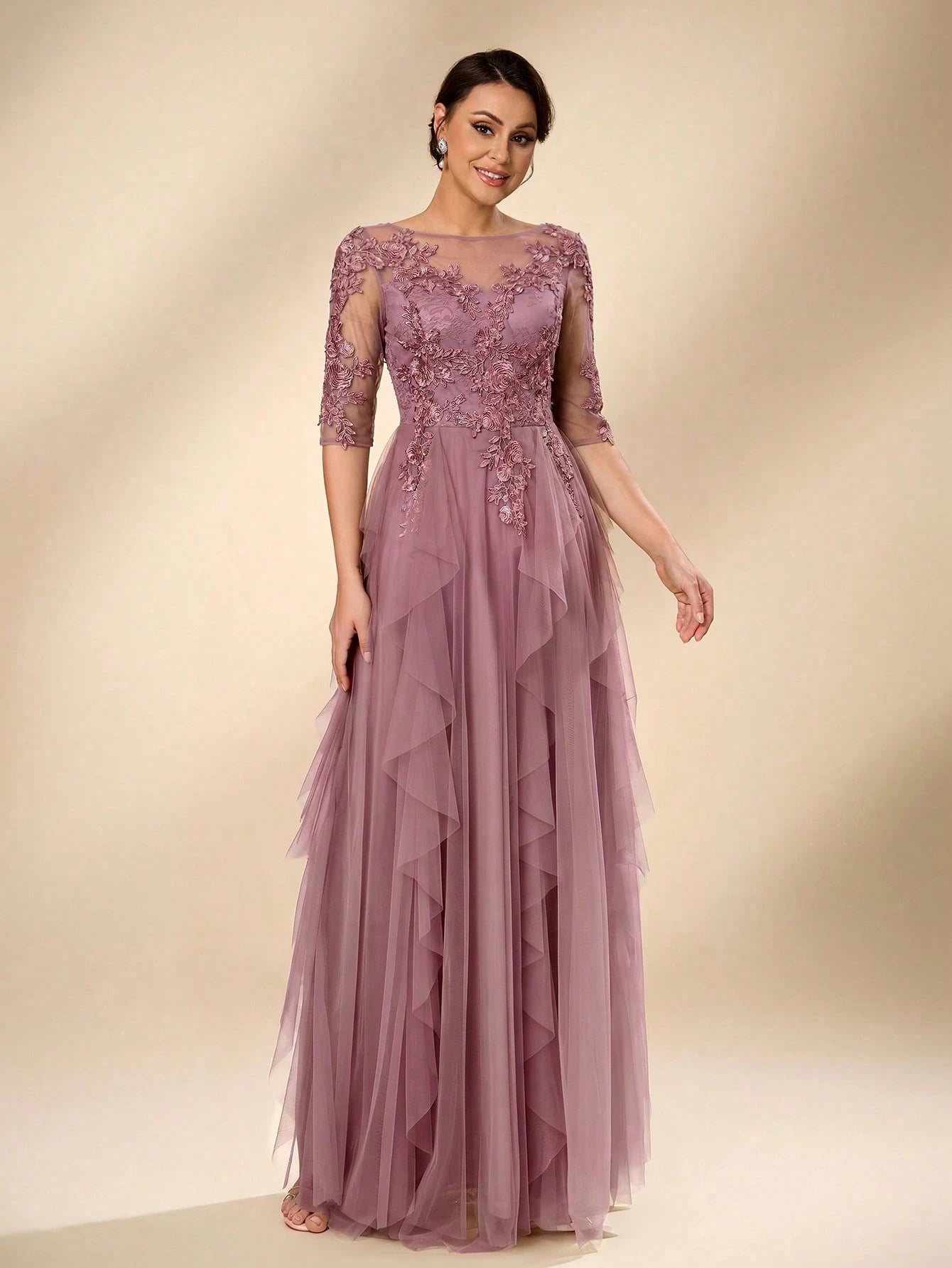 Serin Women's Elegant Sage Green Summer Wedding Dress, Formal Round Neck 3/4 Sleeve Lace Mesh Asymmetric - image 14