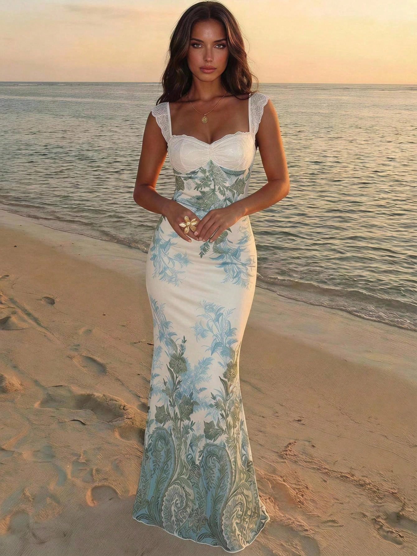 Aloruh Cream Yellow Gradient Floral Mesh Bodycon Backless Summer Dress,Flowy Tropical Holiday Vacation,Lace - image 12