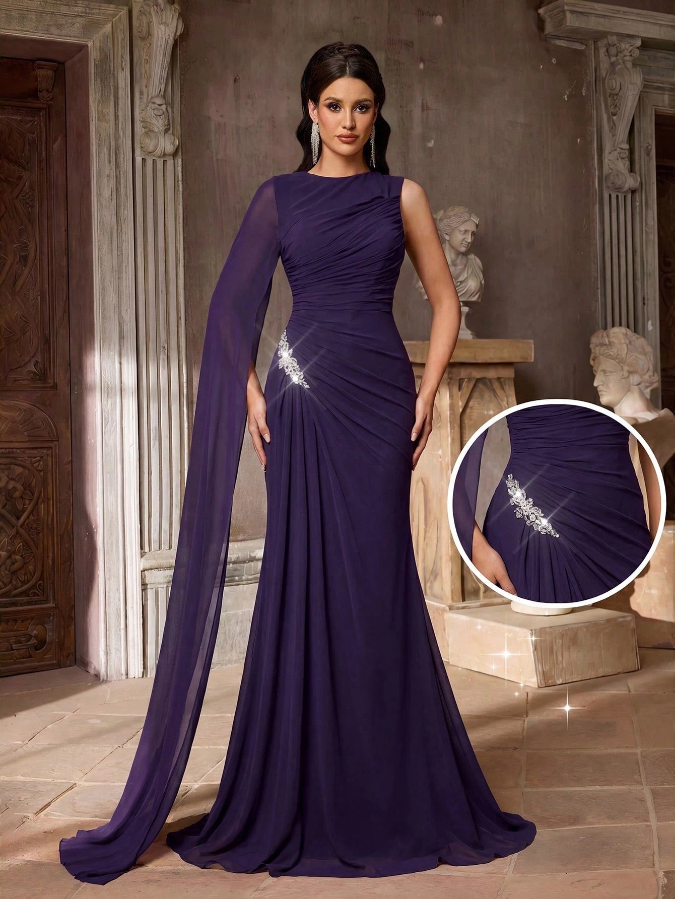 Aureia Elegant Graceful Sophisticated High Elastic Mesh Fabric Round Neck One Shoulder Oversized Cape Sleeve - image 11
