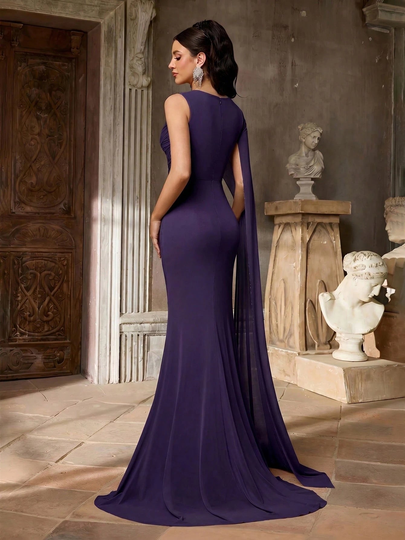 Aureia Elegant Graceful Sophisticated High Elastic Mesh Fabric Round Neck One Shoulder Oversized Cape Sleeve - image 12
